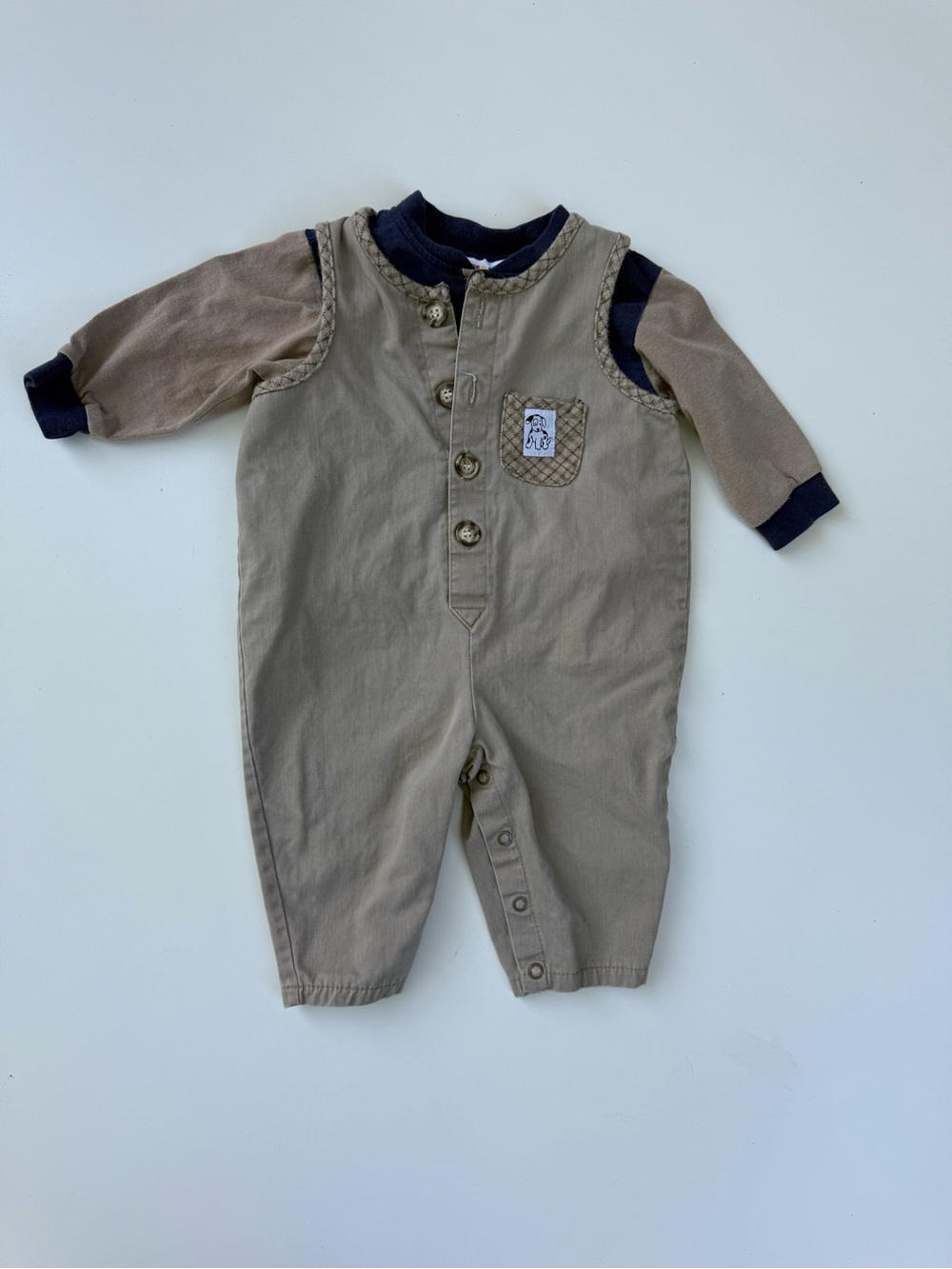 Please Mum beige  & Navy Baby Romper with dog patch